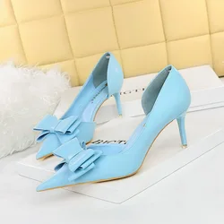 BIGTREE Shoes Pu Leather Kitten Heels Bowknot Stiletto Heels 7.5 Cm Women Pumps Fashion High-heeled Shoes Sexy Wedding Shoes