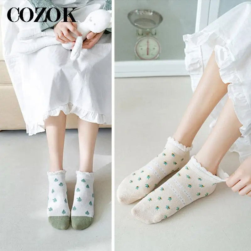 5 Pairs New Spring Autumn Women Socks Female Plaid Floral Small Fresh Womens Boat Socks Korea Ins Style Green Cute Student Socks