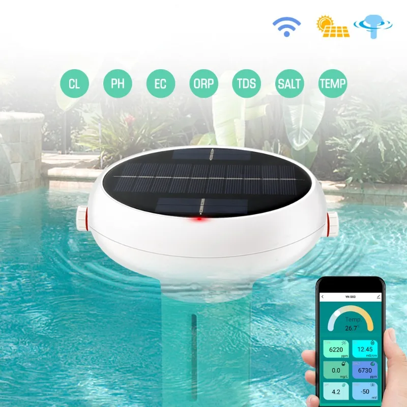 Misuratore di cloro a energia solare WIFI 7 IN 1 cloro/pH/TDS/EC/ORP/salinità/TEMP Monitor impermeabile della qualità dell\'acqua per piscina