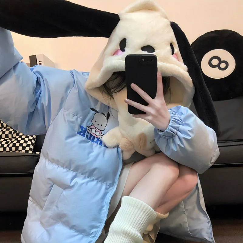 بلدي ميلودي معطف القطن Kawaii سانريو الشتاء Pochacco معطف سميك أفخم قبعة أنيمي الكرتون بوم بوم بورين لطيف فتاة الملابس هدية