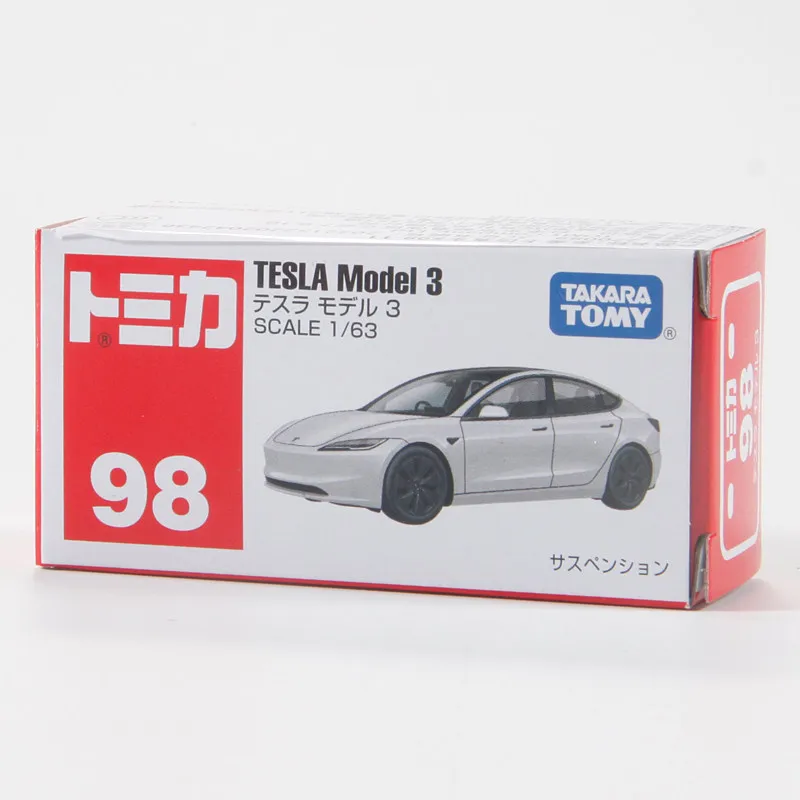 En stock – Modèle authentique TAKARA TOMY Tomica 98 Tesla Model 3 1/63 – Voiture électrique de collection en métal moulé sous pression, rouge, avec portes ouvrantes et suspension – Jouet pour enfants