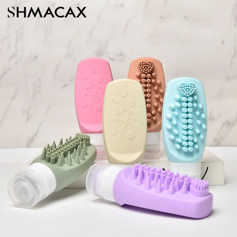 Travel Shampoo Brush Bottle 2 In 1 With Bristles Exfoliator Sub-Bottling For Washing Hair Refillable Silicone Lotion Container