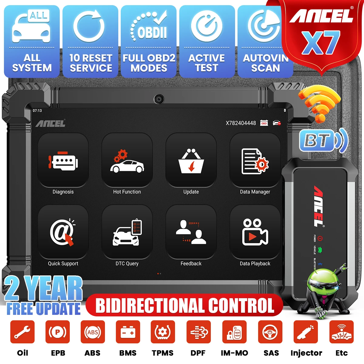 

ANCEL X7 Bluetooth Automotive Scanner OBD2 Car Scanner with 10 Reset ECU Coding Bidirectional Control 10.1 Inch Car Fault Scanne