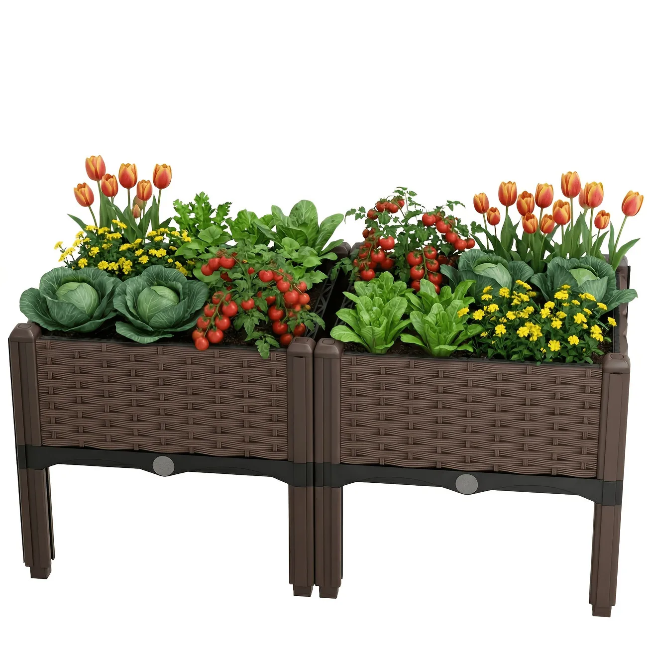 Garden Raised Bed, Elevated Flower Plant Box with Self-Watering Device and Drainage Holes, Herb Vegetable Planter Container for Yard, Balcony & Patio (2 Sets, Brown) view 6