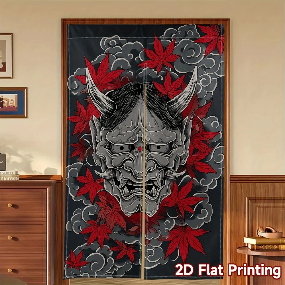 VIKAMA Hannya Mask Noren Curtain Japanese Ukiyo-e Half Door Entryway Bedroom Dark Aesthetic Divider Decor