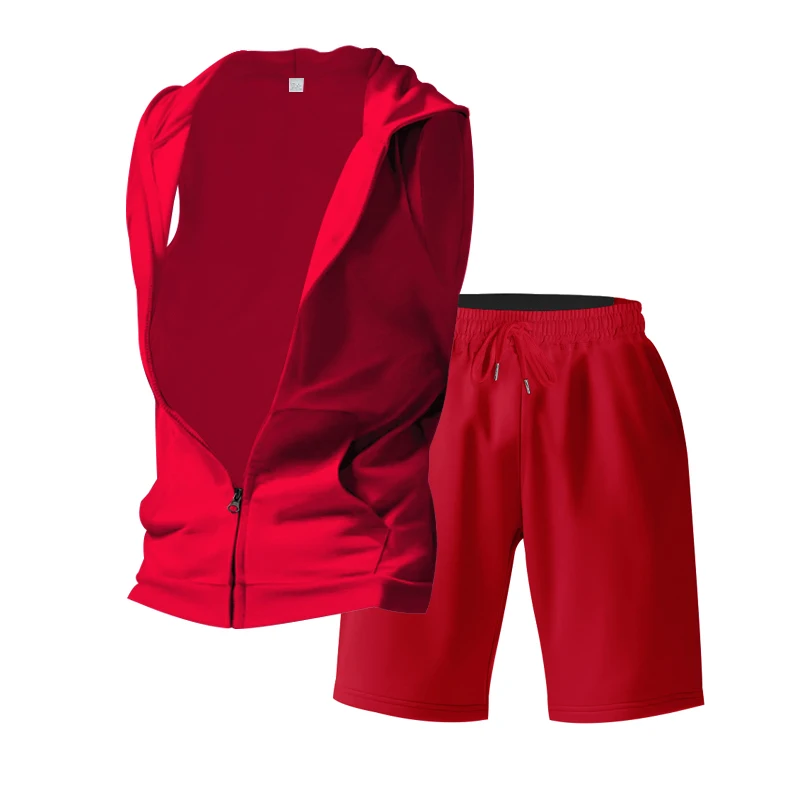 Men's Suit Sleeveless Hoodie Two-Piece Set | Fitness Training Zipper Hoodie Vest & Loose Drawstring Shorts Set (Multiple Colors) view 4