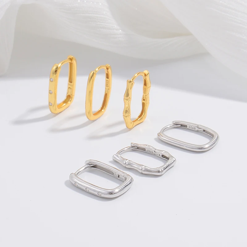 S925 Sterling Silver Bamboo Knot U-Shaped Earring Personality Hip Hop Zirconium Smooth Square Earrings Wholesale SE34
