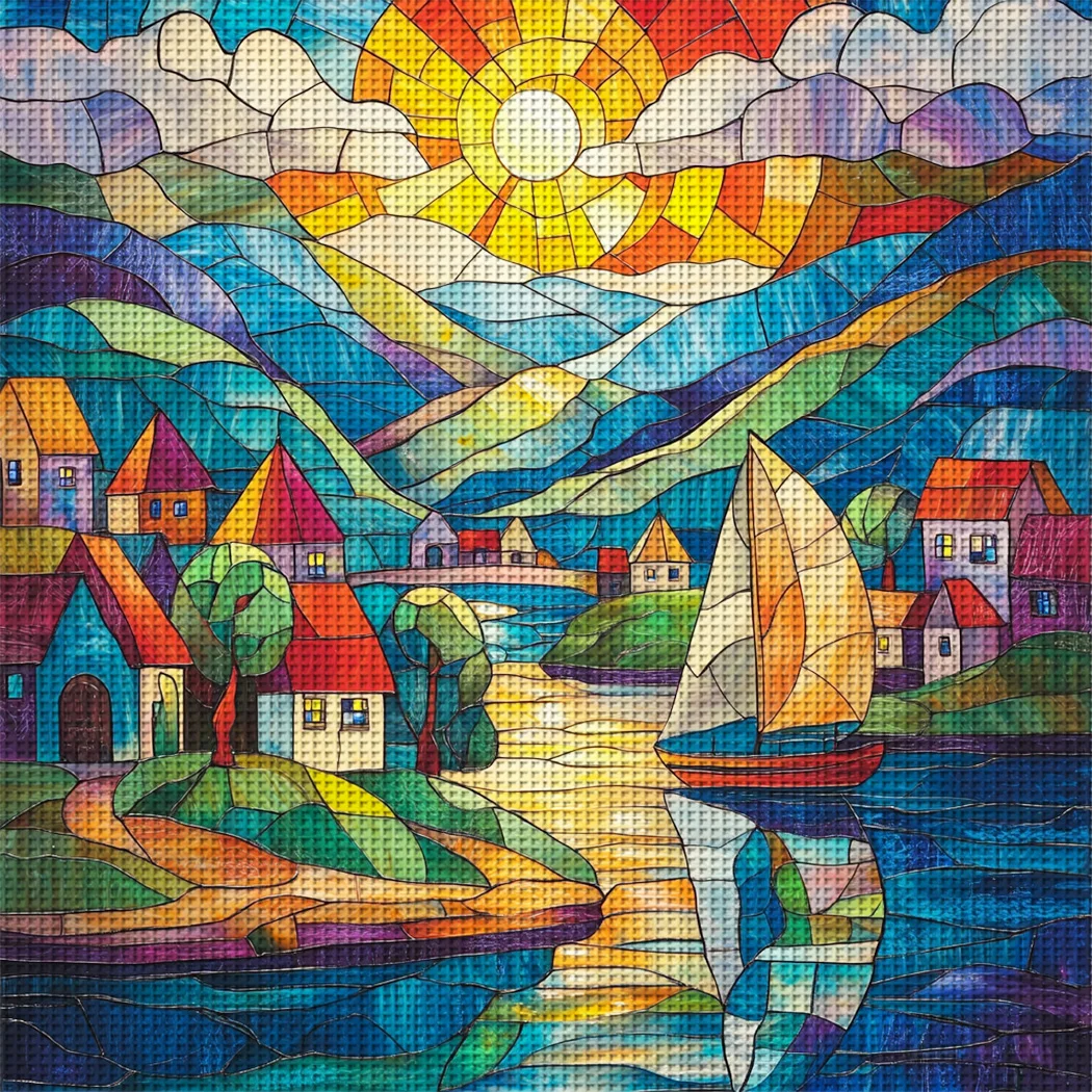 1PC 46X46cm/18.11X18.11in,11CT Print Cross Stitch DIY Kit, Stained Glass Coastal, Adult Beginner's Relaxed Cross Stitch Set