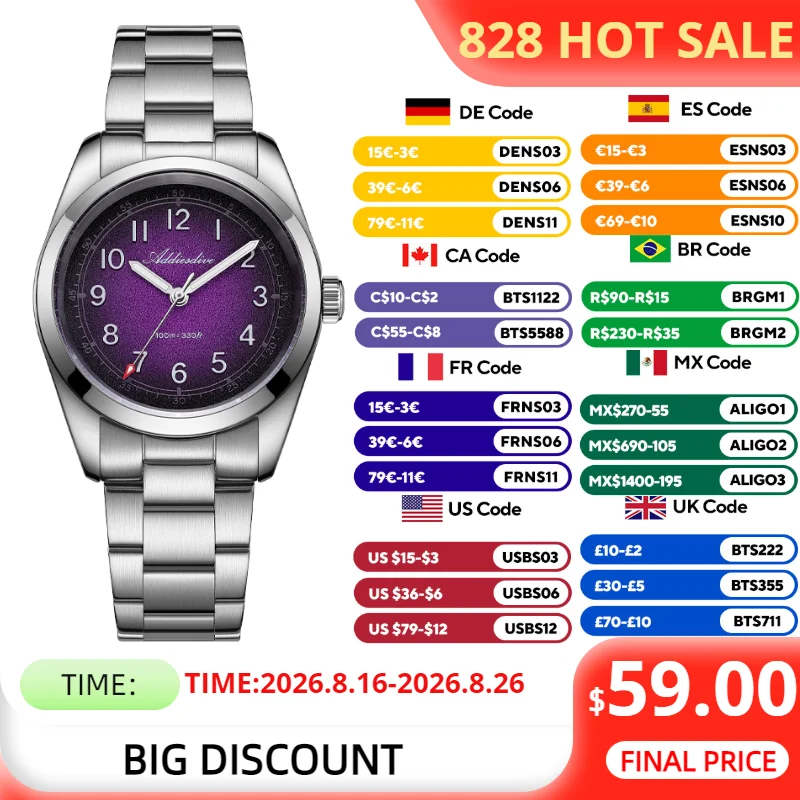 ADDIESDIVE GMT 515-24H Кварцевые часы для женщин, новые, роскошные, 36 мм, водонепроницаемые до 100 м, спортивные, светящиеся, деловые, дайверские, стальные, женские часы