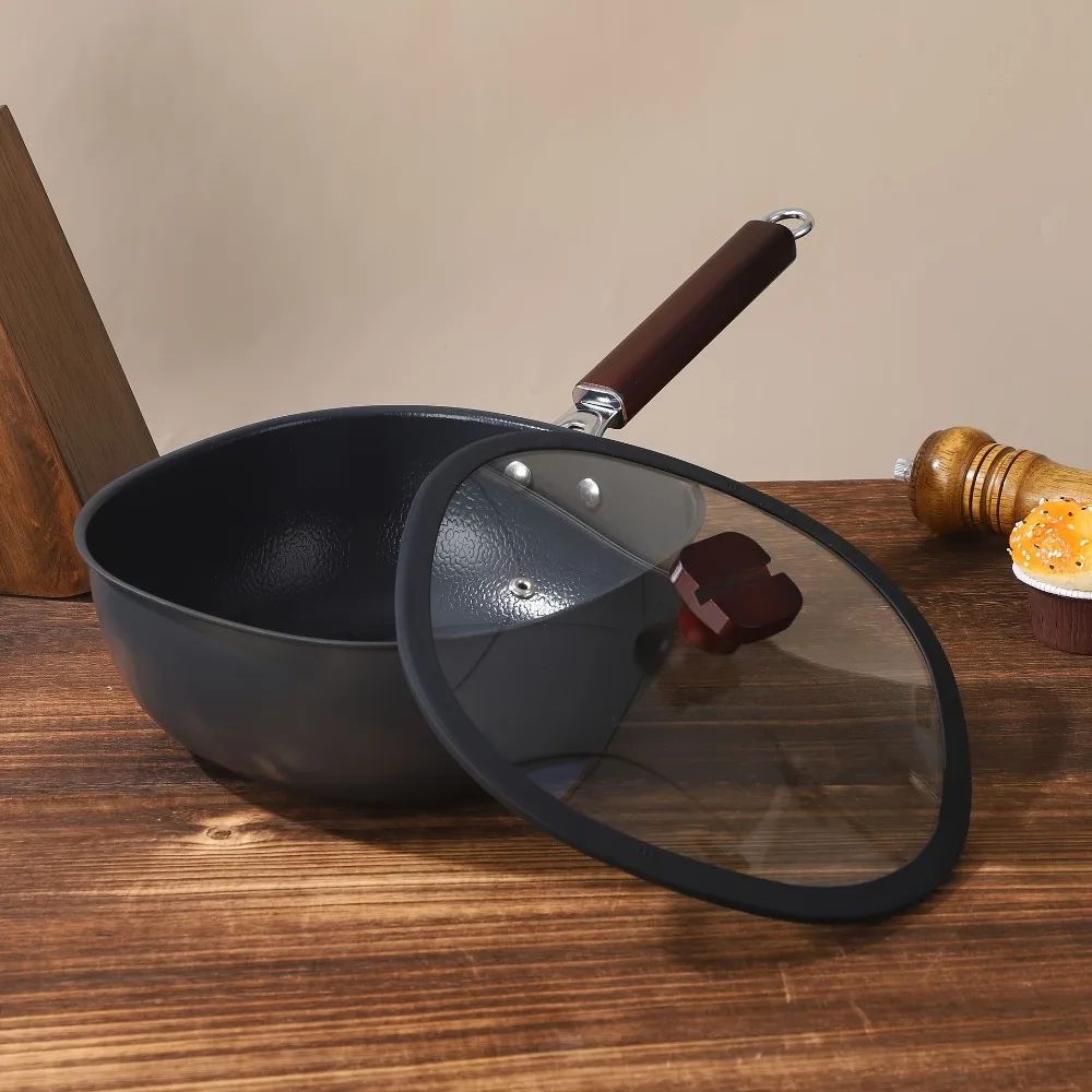 

Durable Refined Iron Square Frying Pan No Coating Flat Bottomed Wok Wood Handle with Visible Cover Cooking Pot Chef