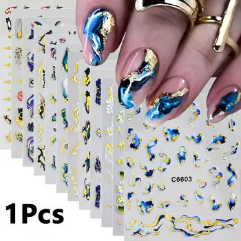 1 szt. Niebieski fioletowy marmurowy pasek 3D naklejki do paznokci brązująca linia fali atrament kwitnąca geometria suwak samoprzylepna naklejka do Manicure