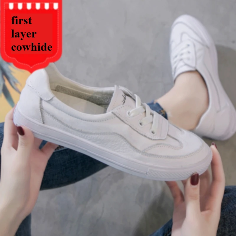 

Женские кроссовки из натуральной кожи белого цвета, новинка 2026 года, в корейском стиле, на плоской подошве, на шнуровке, дышащие, низкие