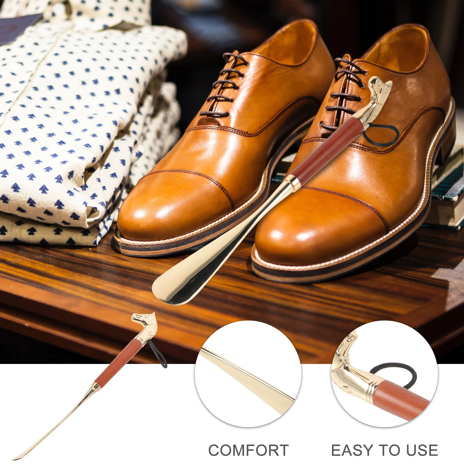 Horse Head Shoehorn Long Handle Premium Wood Copper Shoe Helper Easy Aid for Seniors Shoes and Boots Shoe Horn