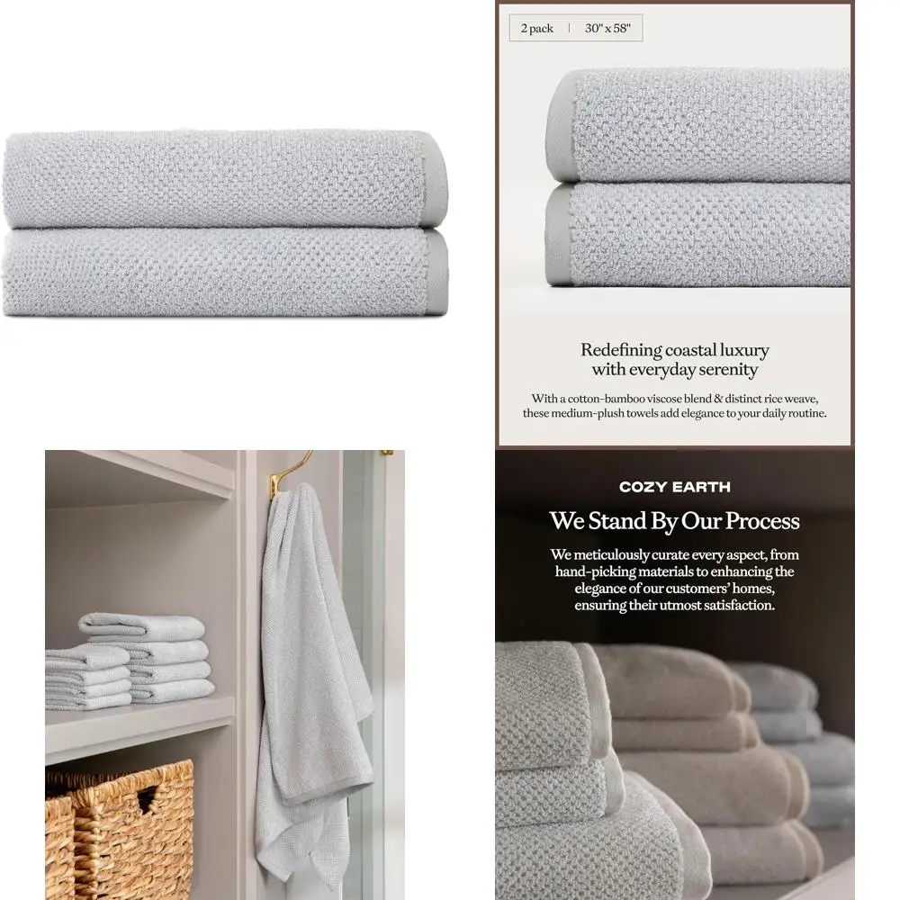 

Bamboo Viscose Cotton Bath Towel Set - 60% Cotton 40% Bamboo Fiber, 600 GSM Plush, Fast Drying Rice Weave Pattern, 2 Pack