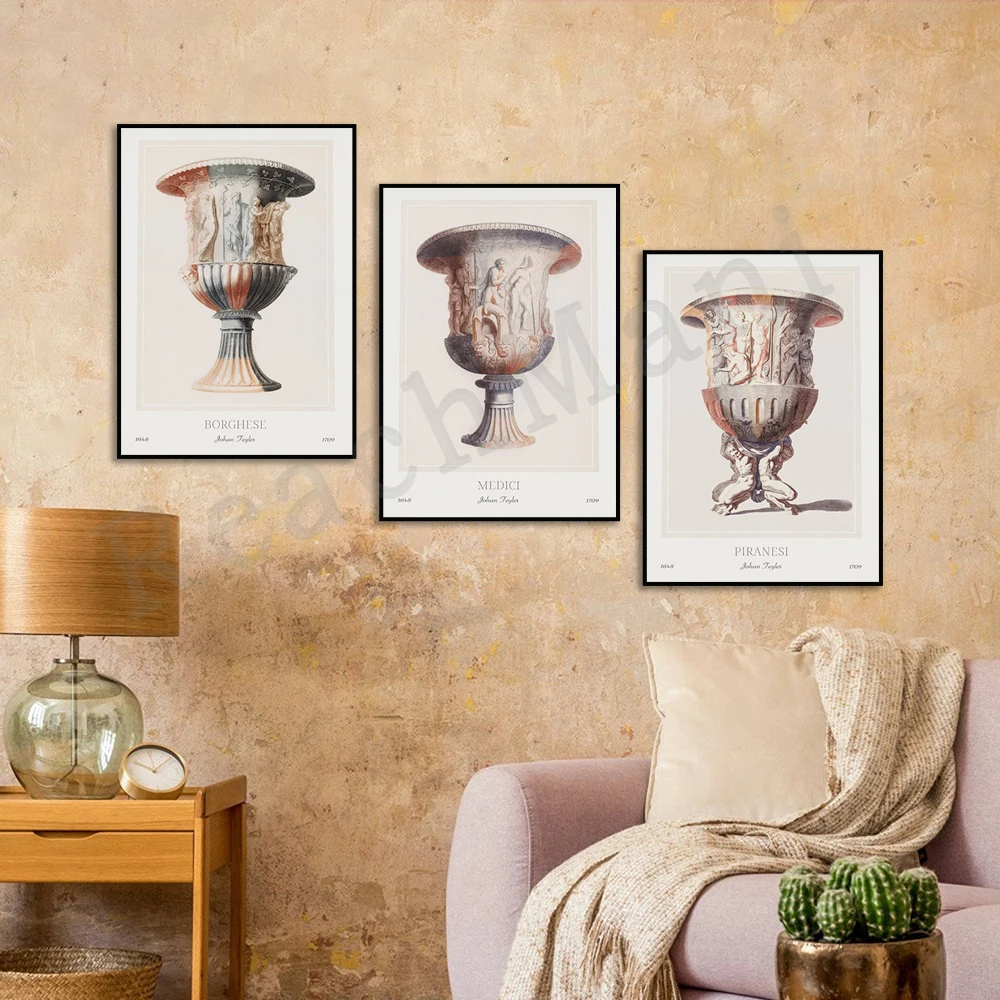 Johan Teyler Vintage Print, Three Vases Poster, Borghese Medici Piranesi, Dutch Artist, Greek Mythology Wall Decor