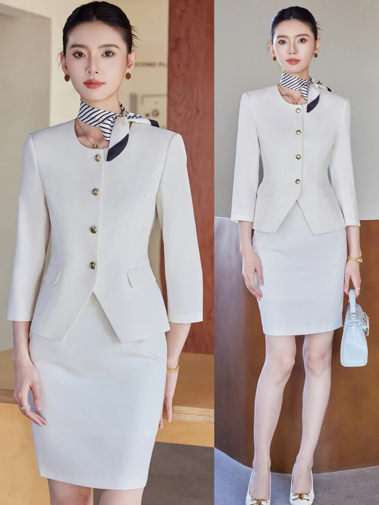 

White Professional Suit Set for Women Spring Autumn High End Elegant Career Skirt Suit Beauty Salon Health Center Technician ...