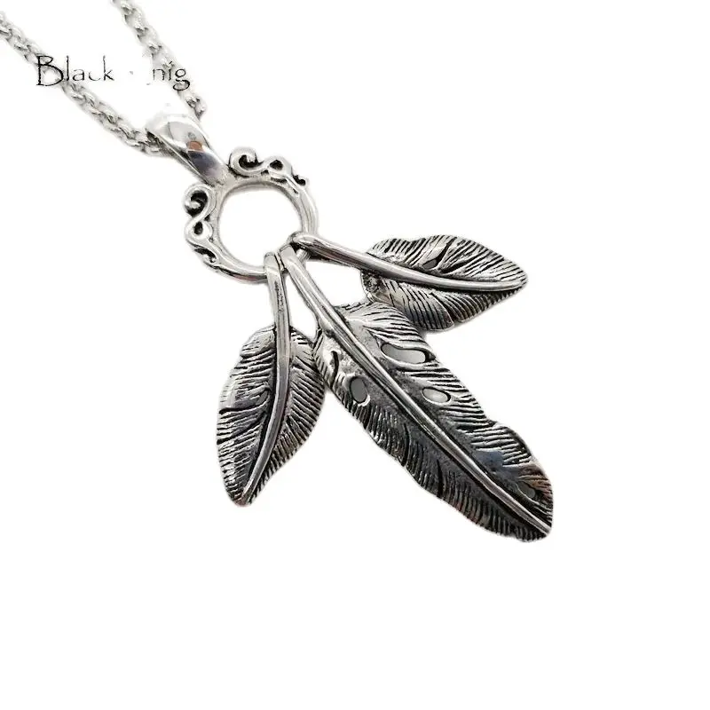 Black Knight 3pcs Stainless steel Eagle feather pendant necklace Vintage silver color Indian style Feather necklace BLKN0724