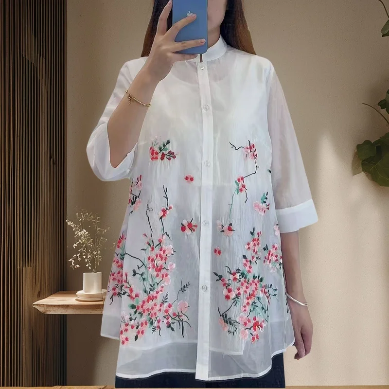 

High Quality Chinese Style Stand Collar Top For Women Half Sleeves Summer Exquisite Embroidery Mid Length Shirt M-XXL