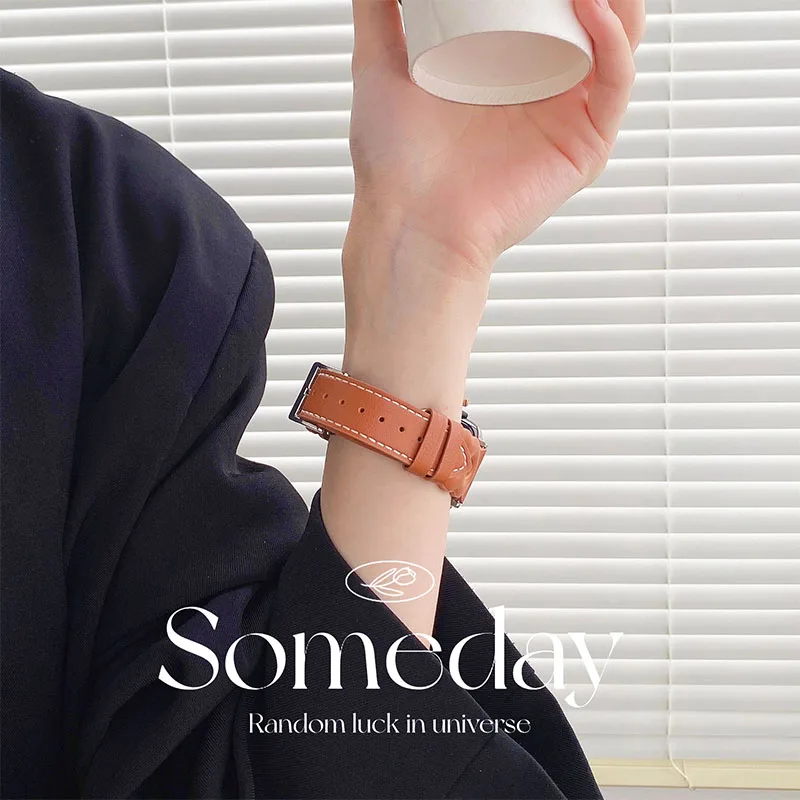 Tali Kulit Asli Lingkaran Ganda Elegan untuk Apple Watch Band 44Mm 40Mm 45Mm 41Mm 38Mm 42Mm IWatch 3 4 5 6 Se 7 Gelang