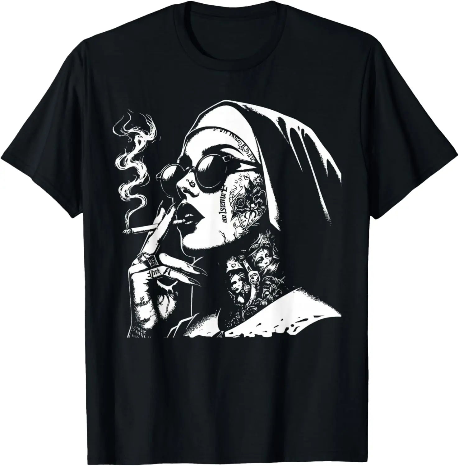 Unholy Tattooed Nun Smoking Graphic Tee Men Women Religious Rebellion Casual T-Shirt