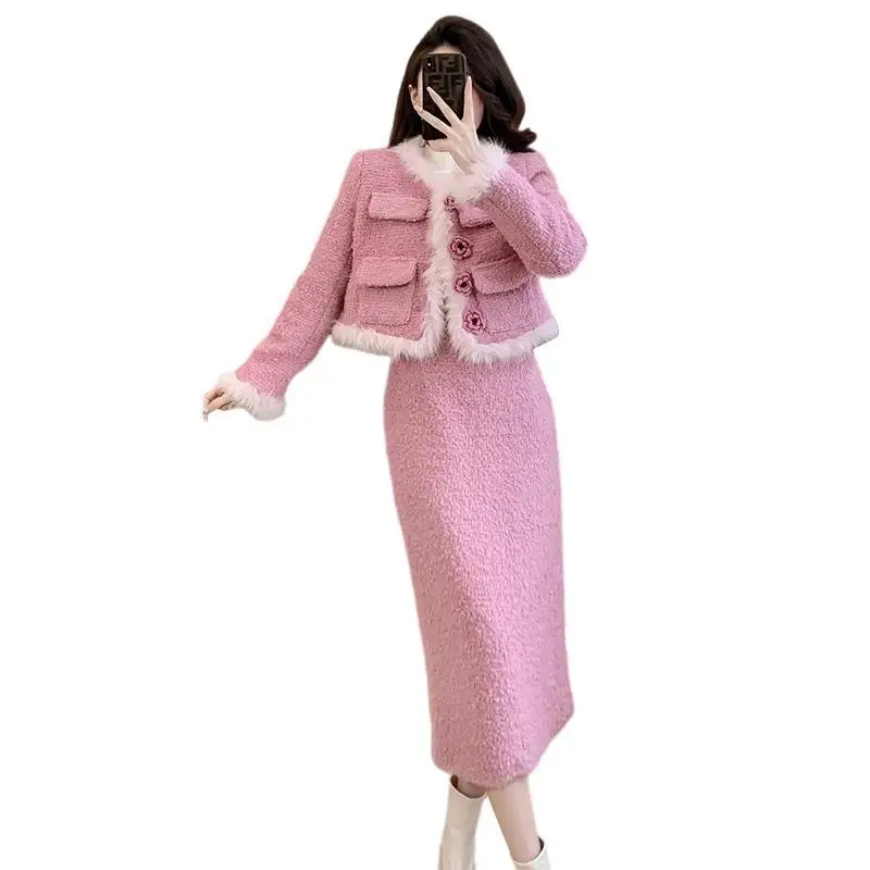 Pink women's coarse tweed 2-pcs set jacket+skirt 2024 new winter small fragrant style thickened set