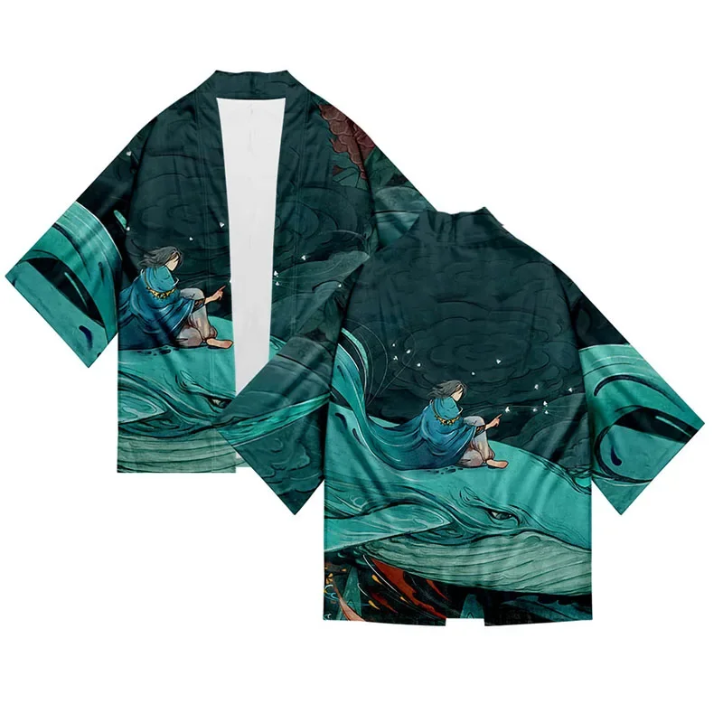 سترة كيمونو جانبان للسيدات على طراز Ukiyoe الياباني برسومات سمك الشبوط كلاسيكية على الموضة للرجال سترة خارجية للشاطئ كاجوال للجنسين هاوري