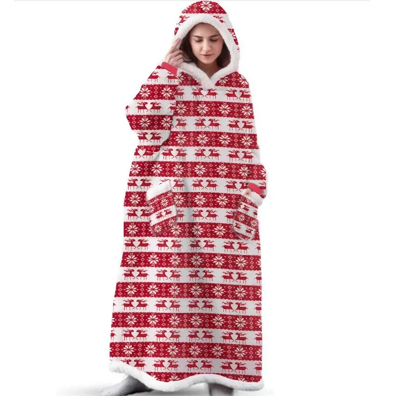 New Christmas Hoodie Women Hooded Blanket Gown BBW Plush Warm Winter Long Robe Wearable Housecoats Woman TV Blanket with Sleeve