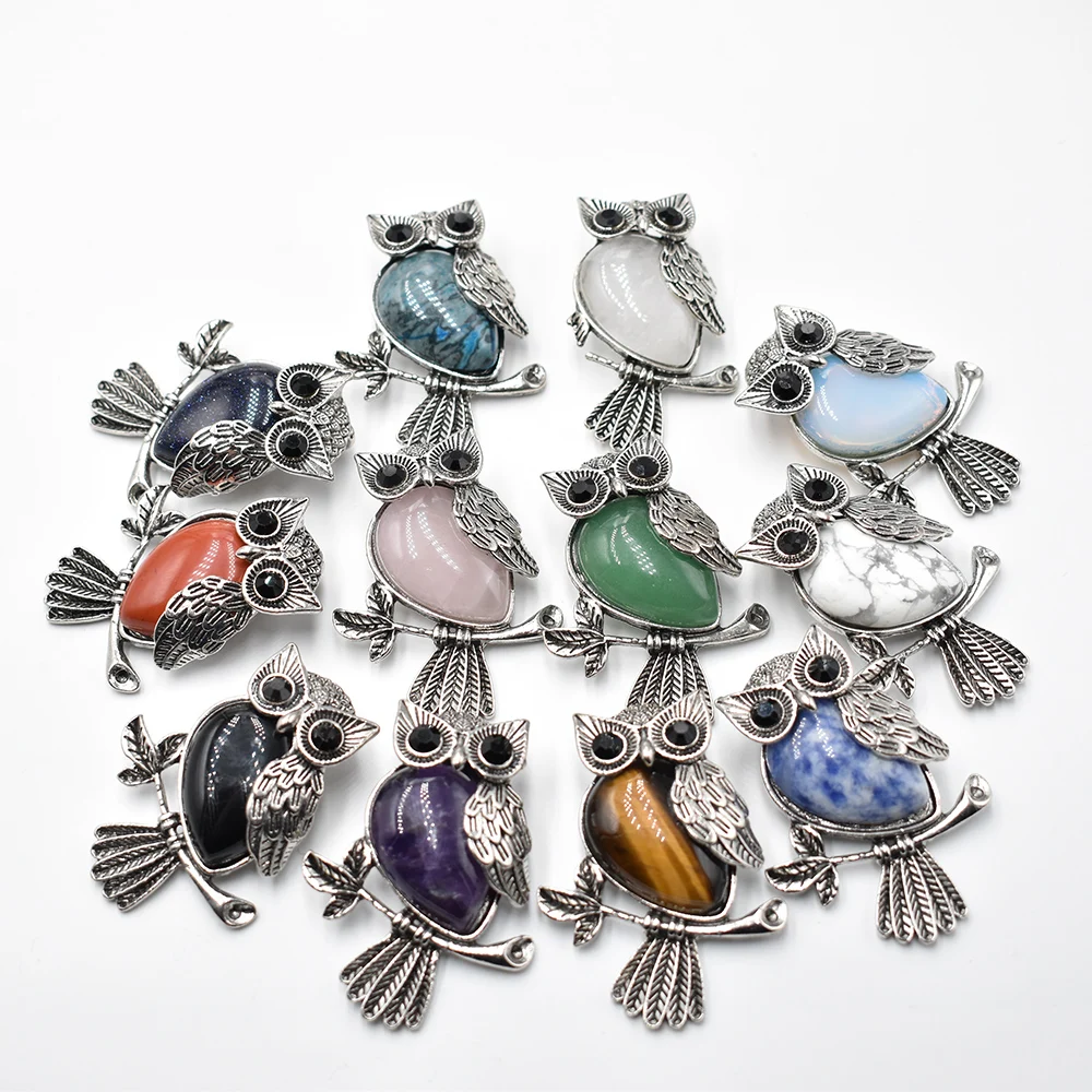 Fashion Vintage copper Plated Owl cute natural tiger eye stone onyx opal pendants for jewelry making wholesale 12pcs/lot free