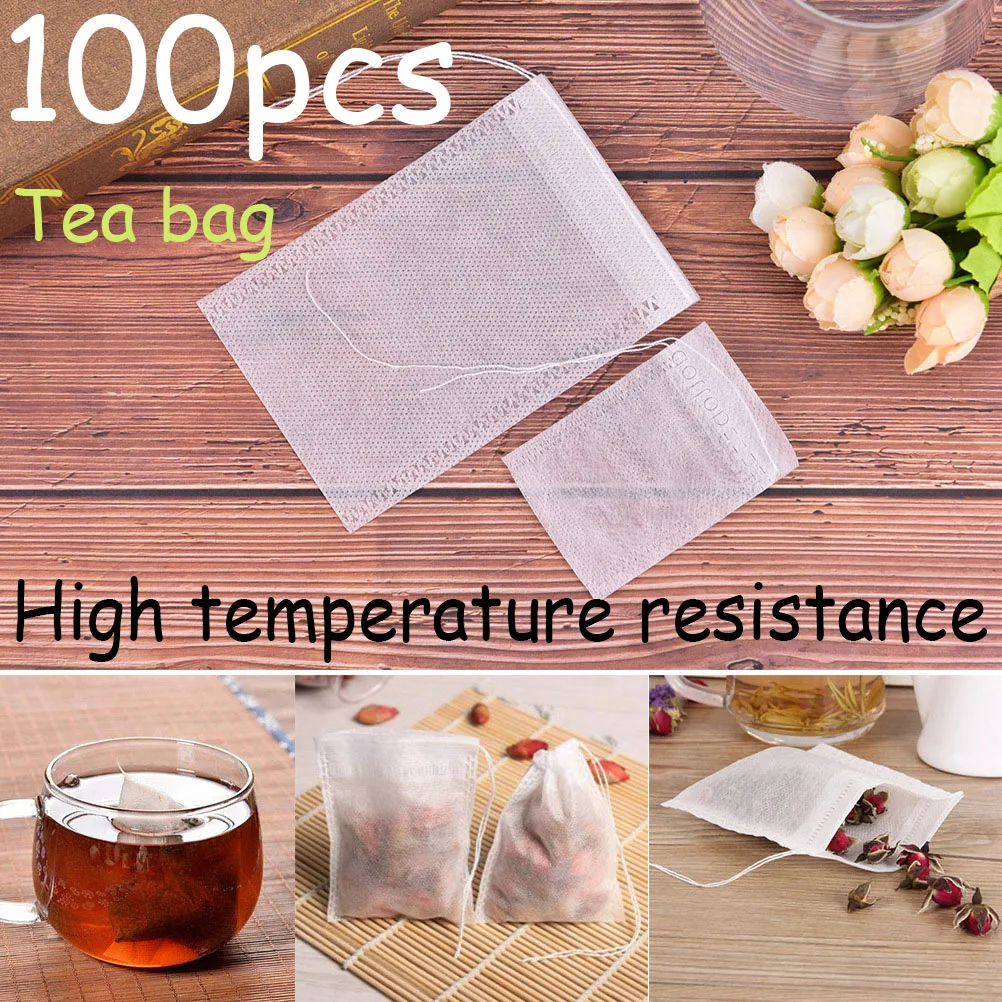 100pcs Disposable Non-Woven Fabric Tea Filter Bag Drawstring Seal Strainer Bag Coffee Tea Infuser Kitchen Accessories