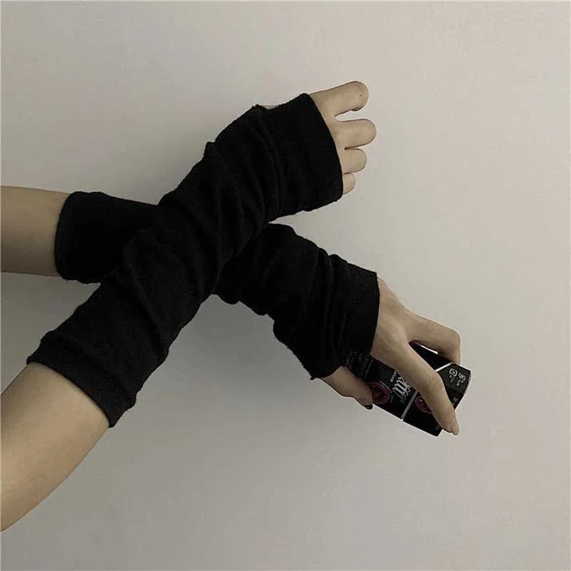 Soft Knit Black Fingerless Arm Warmers, Slouchy Long Wrist Cuffs Stretch Half Finger Sleeve Gloves for Y2K Streetwear Daily Accessories view 2