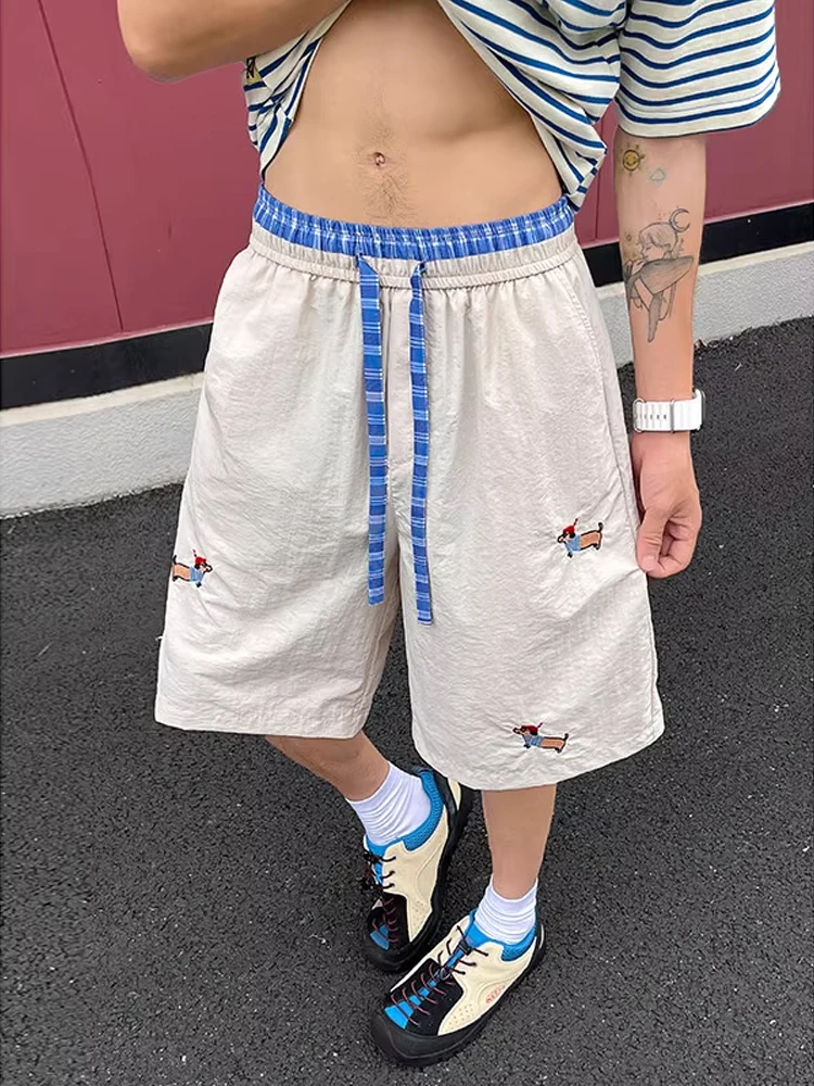 速乾性アメリカンソーセージ犬刺繍ショーツ男性夏のデザインルーズカジュアルワイドレッグビーチカップル 5 クォーターパンツ