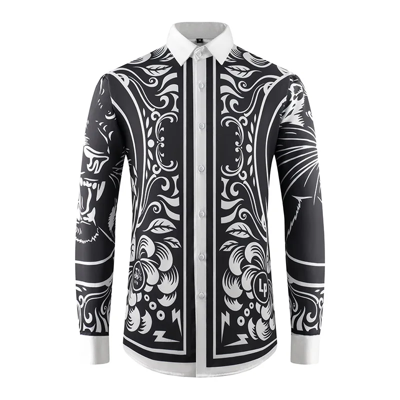 

Роскошная мужская рубашка с длинными рукавами в британском стиле, модная повседневная социальная рубашка с принтом в стиле ретро, облегающие уличные топы для вечеринок и банкетов