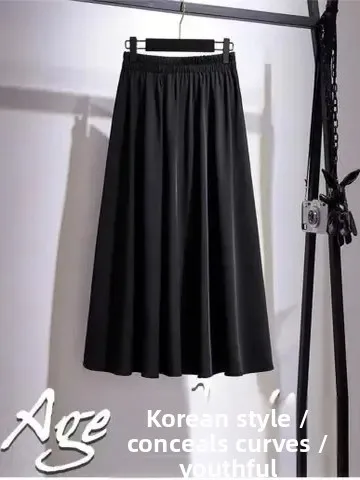 

Trendy Oversized Black High Waist A-Line Skirt Elegant Drapey Style plus Size Women's Fashion Autumn Midi Skirt