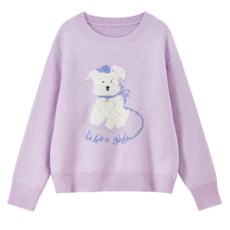 Sentubila feminino aconchegante cão jacquard pulôver 2025 outono bonito mistura lã veludo camisola solta malha macia casual topo w54ee4027