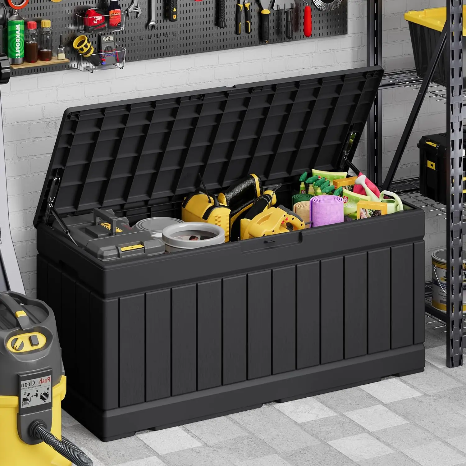 Waterproof Resin Outdoor Storage Deck Box, Lockable Patio Toy Storage Bench, Weatherproof Garden Yard Pool Accessories Cushion Organizer, Rattan Pattern Container, Black, 78 Gallon view 5