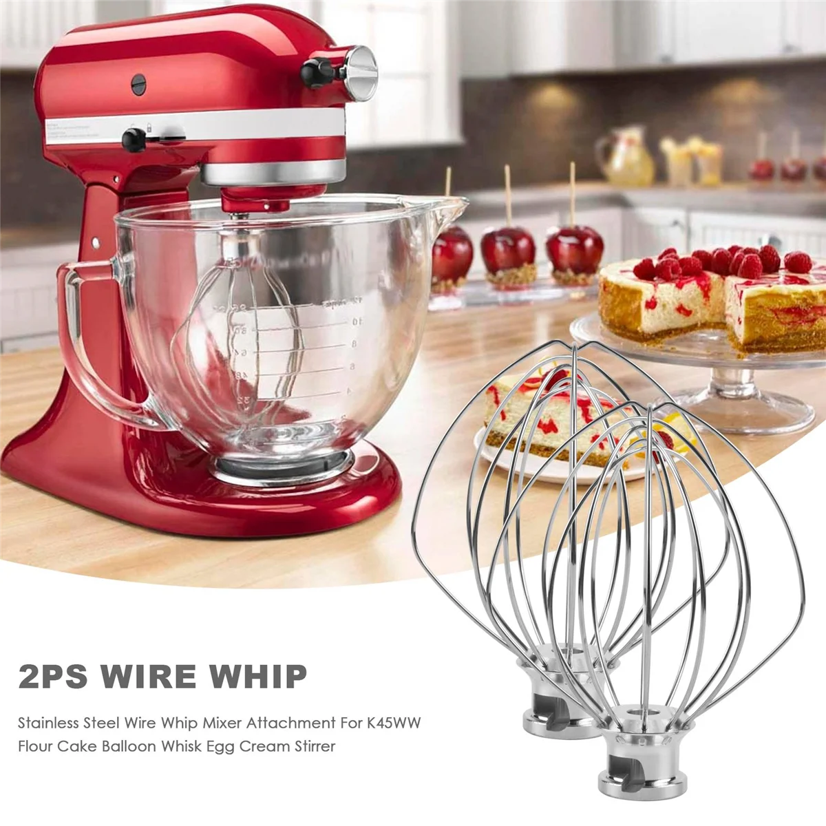 A01M 2 Pack Stainless Steel Wire Whip Mixer Attachment for Kitchenaid K45WW Flour Cake Balloon Whisk Egg Cream Stirrer