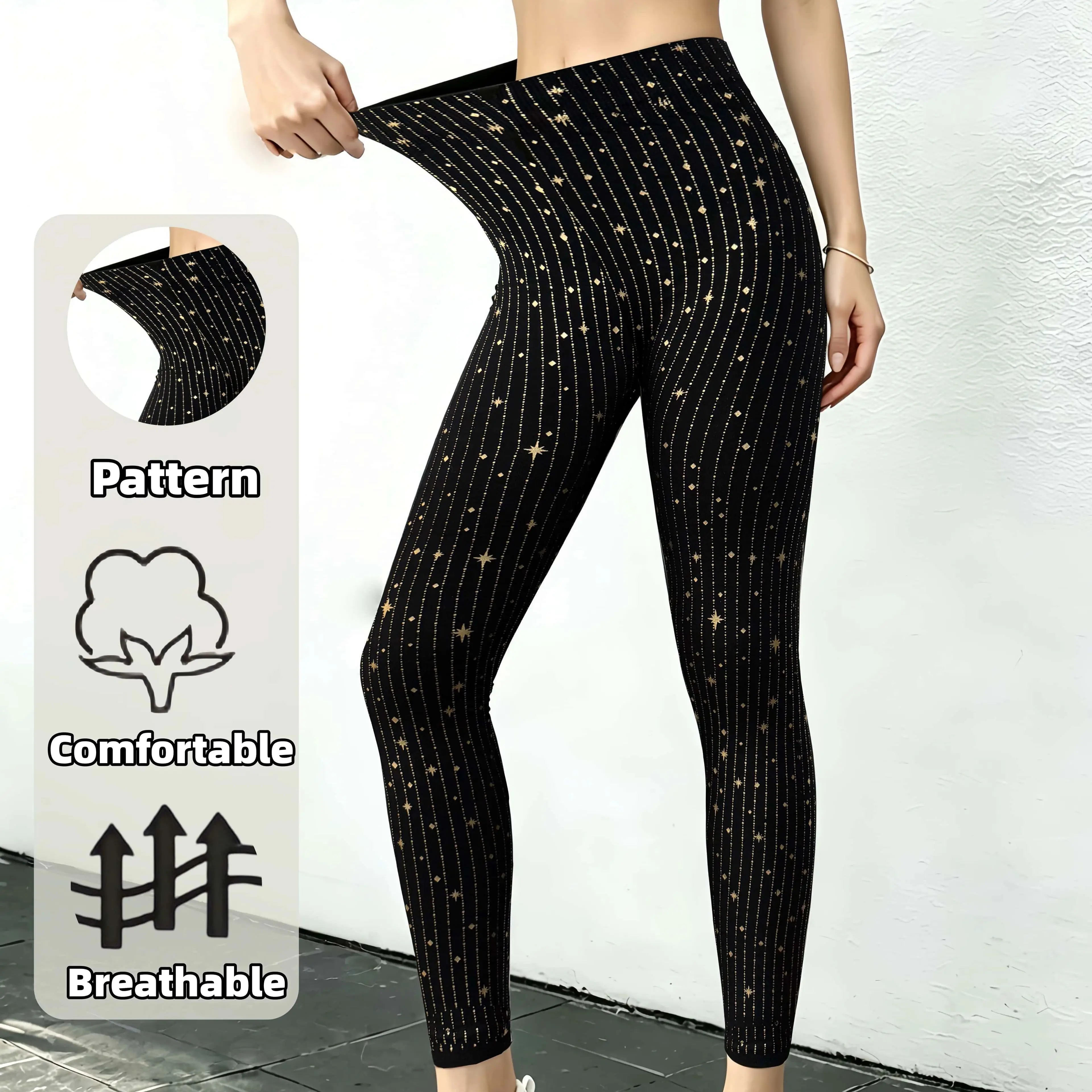 Women's Versatile High Waist Golden Star Printed Capri Pants Soft Comfortable Breathable Slim Leggings Ideal For Street Walking