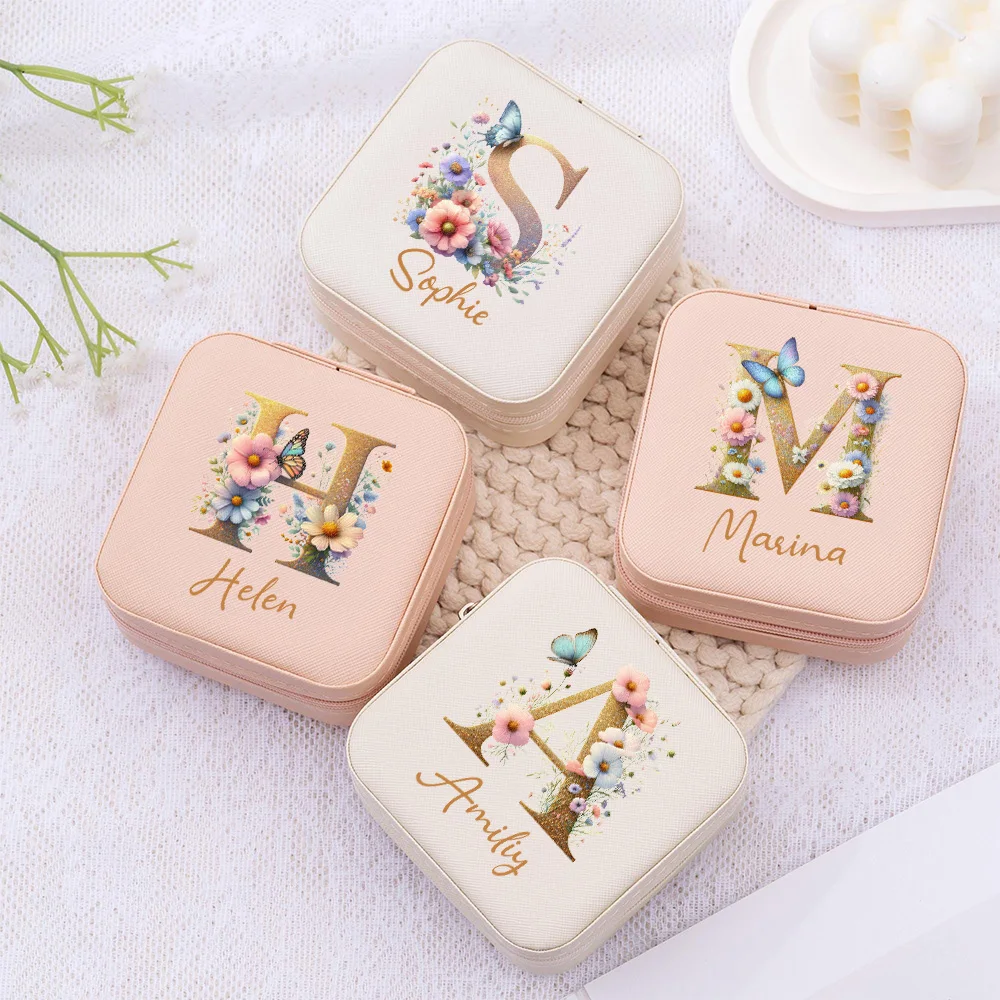 1pc Customized Name Letters PU leather Jewelry Box for Women Travel Portable Earrings Rings Storage Organizer Wedding Gifts
