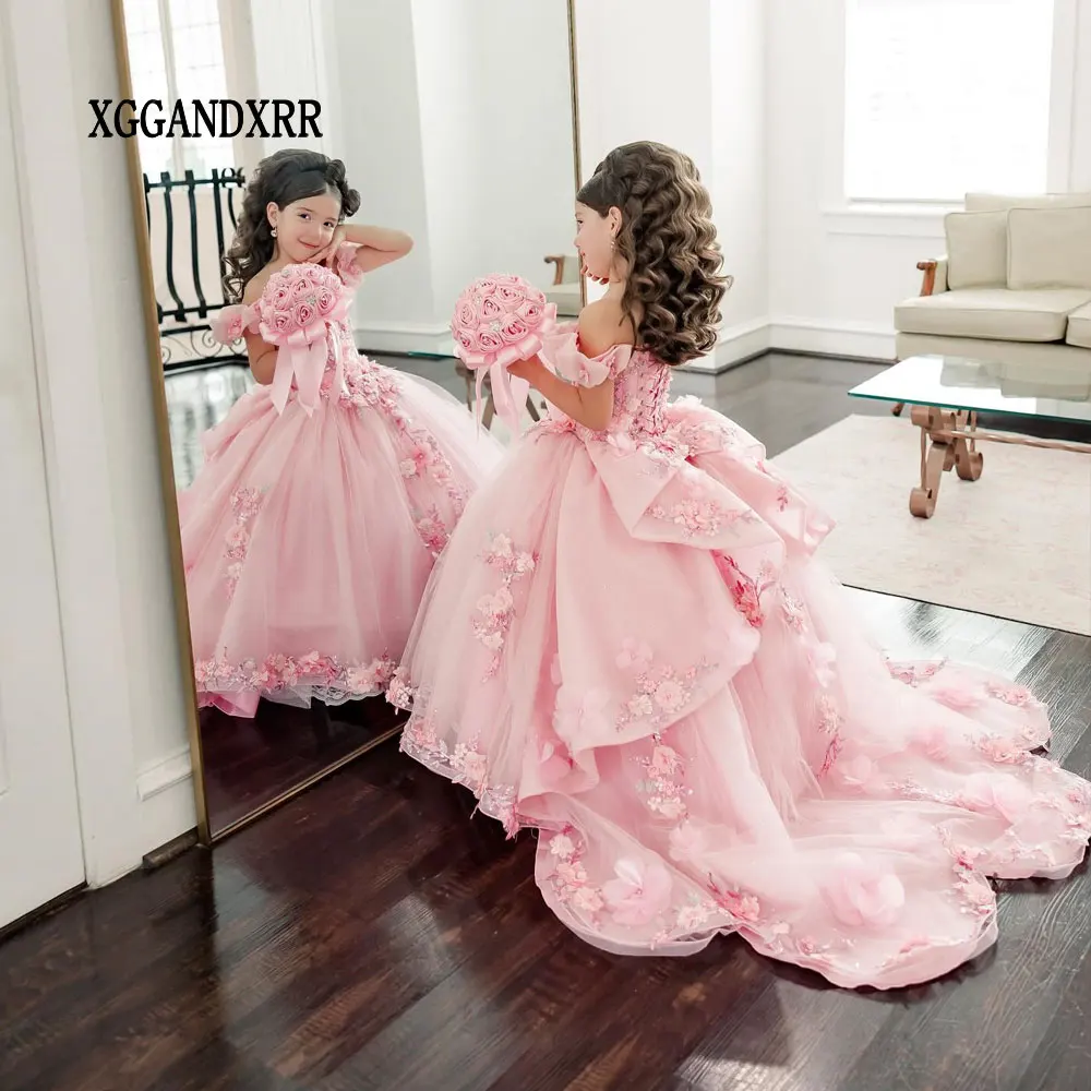 

Индивидуальное роскошное розовое платье для девочки с цветочным узором, 2026, с длинным шлейфом, мини-платье для дня рождения, выпускного, свадьбы, конкурса красоты, платье принцессы для дочери