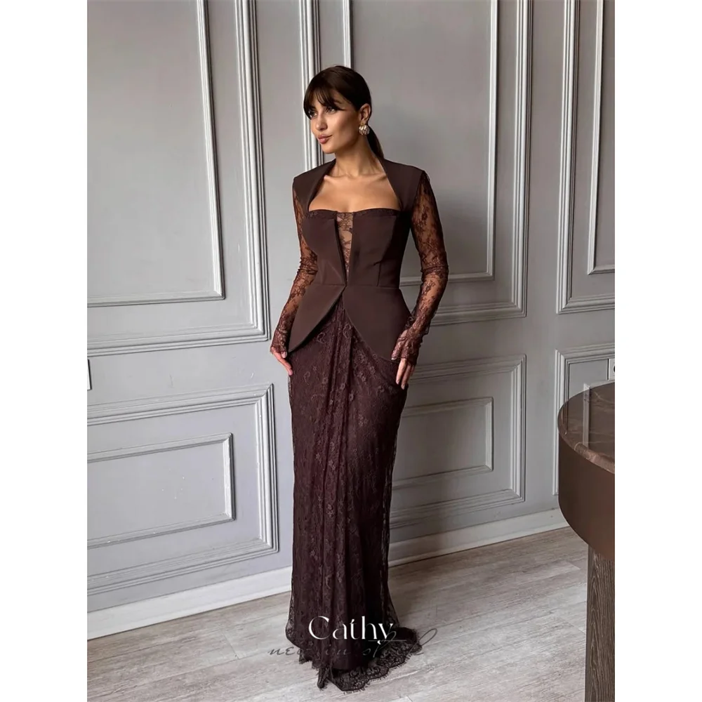 

Cathy Customized Brown Lace Long Sleeves Sheath Prom Dresses Elegant Vestidos De Noche Simple Floor-length Evening Dresses 2025