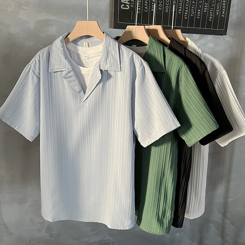 Cuban Collar Short Sleeve Ice Silk Shirt Men's Simple Summer Fashion Loose Fit Youthful Style No Ironing Required
