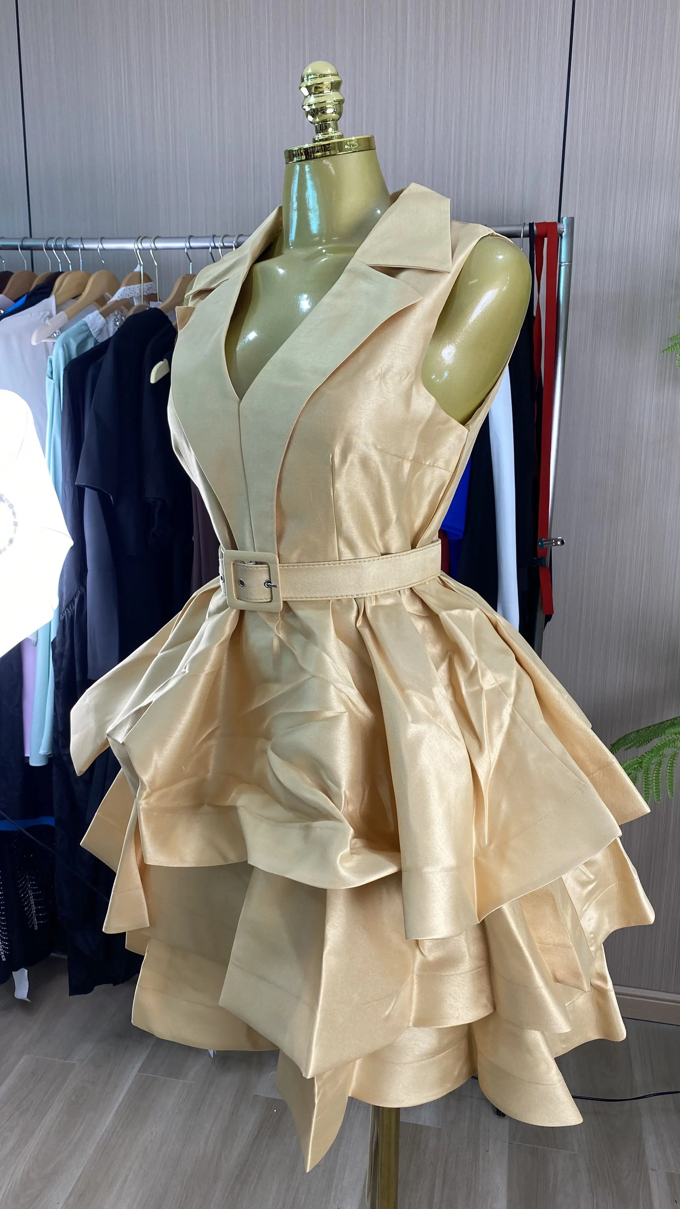 Women's Sleeveless Mini Dress – Spring/Summer Party Style with Ruffles, Belted Waist, and Flared Skirt-GZXX939