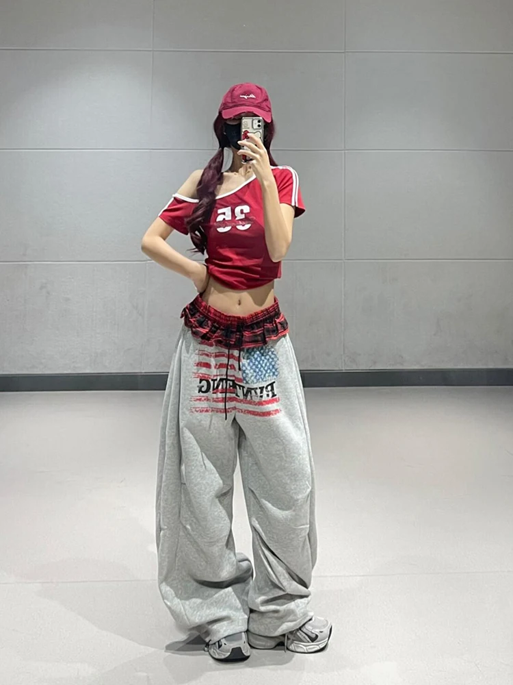 Pantalones de pierna ancha con estampado de letras y bandera americana retro, pantalones largos hasta el suelo para baile callejero de hip hop de otoño para mujer, pantalones drapeados de pierna recta...