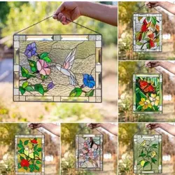 Stained Window Panel,Hanging Stained Birds Panel,Stained Glass Suncatcher,Stained Glass Window Panel Decorations with Chain