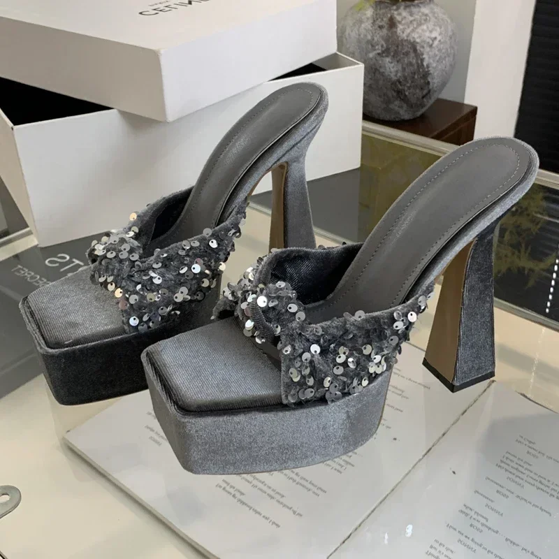 

Aneikeh/летние шлепанцы на платформе с блестками, плиссированные женские тапочки, модные банкетные туфли на высоком каблуке с открытым носком, Zapatos Mujer