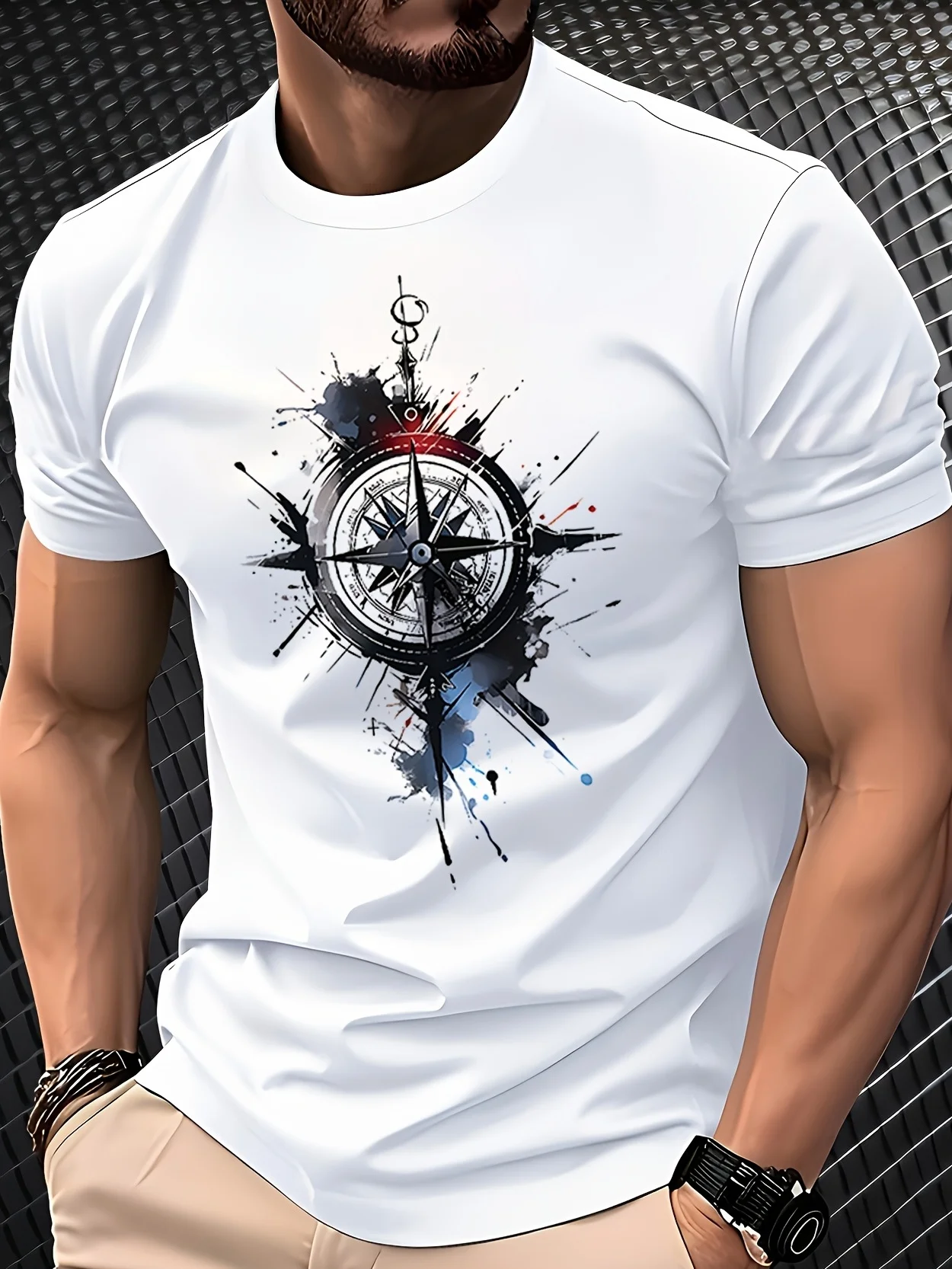 Ink Splash Compass Nautical Art Print on Premium Soft 100% Cotton Mens T Shirt Perfect for Summer Casual Streetwear Style
