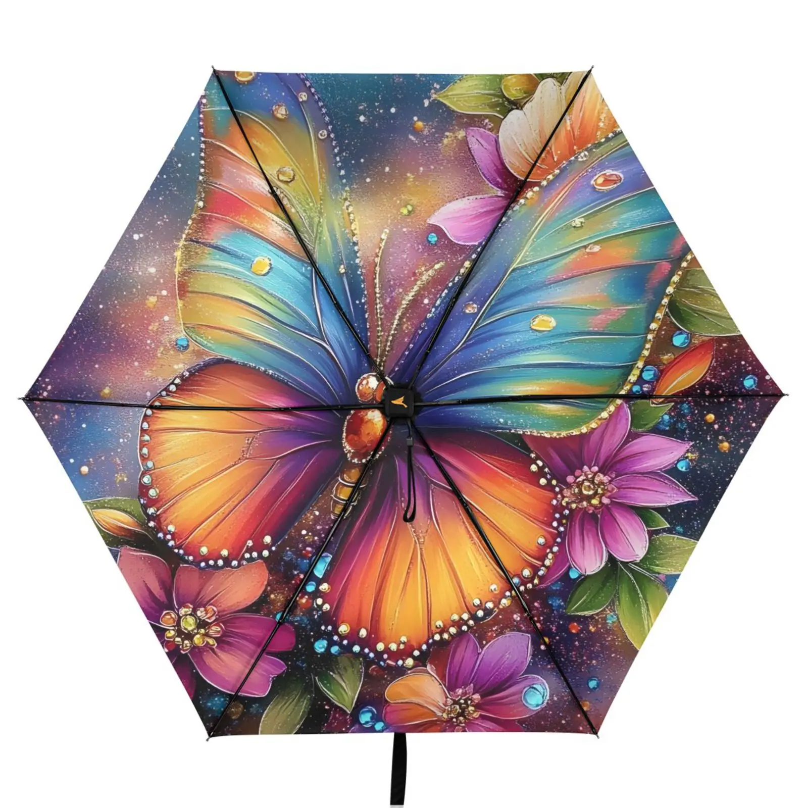 Butterfly print Three Folding Umbrella Parasol Women Anti-UV Sun Protection Umbrella Outside Black Coating 6 Ribs