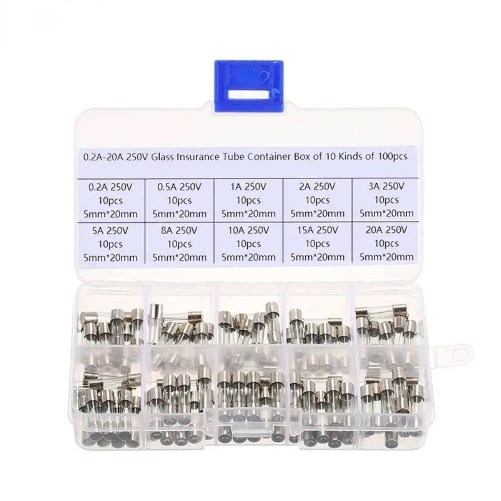 100Pcs 10 Values 5x20mm Fast Blow Fuse Assortment Kit 0 2A to 20A Glass Fuse Set with Plastic Storage Case for Electronics Repai
