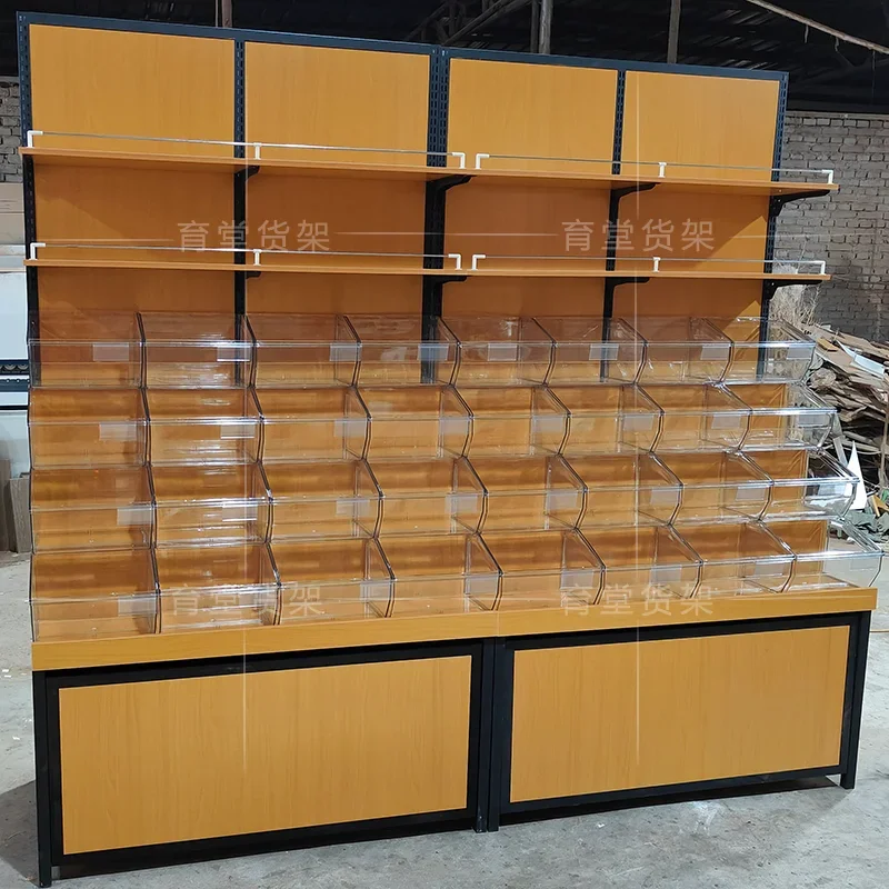 Supermarket snack shelves, dried fruits, candies, grains, biscuits, display cabinets, snack food, multi-layer display shelves, c