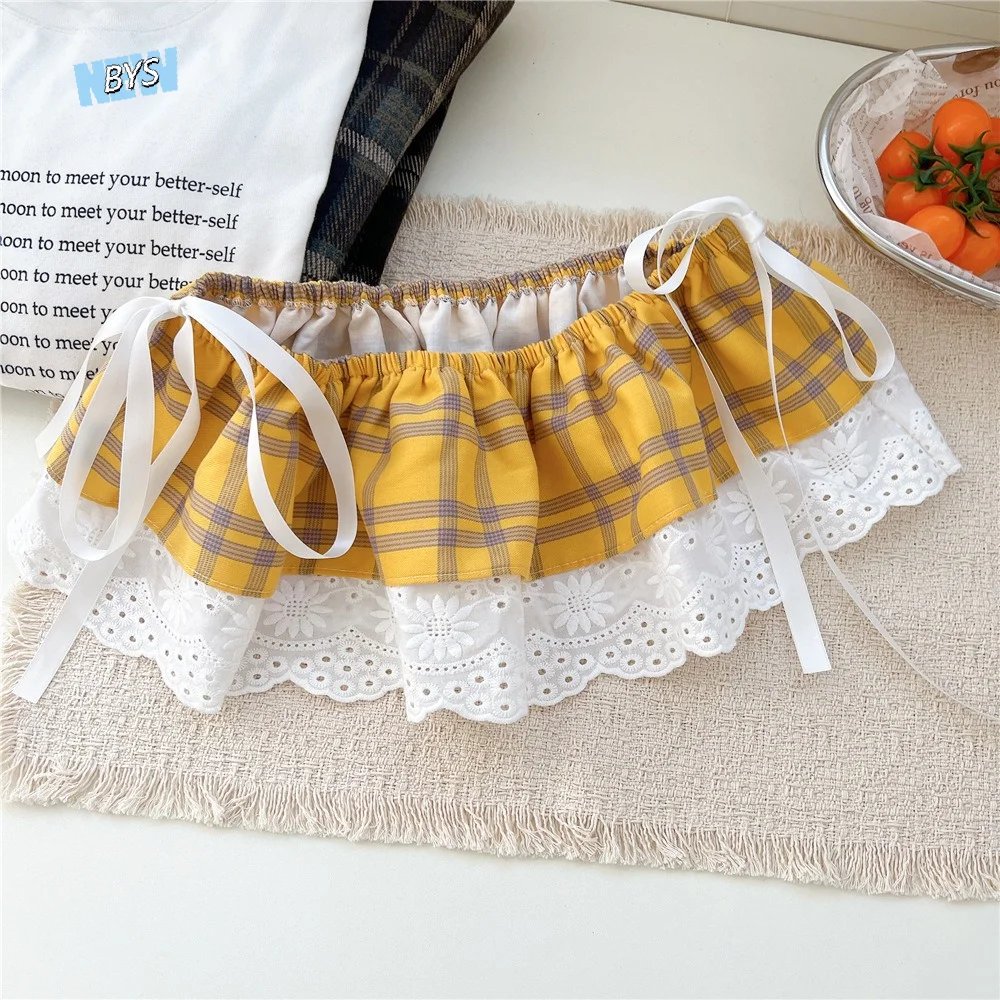 

Elegant Balletcore Plaid Fart Curtain White Lace Up Ruffle Short Skirts Stacked Layered Lace Mini Skirts Jeans Decorative